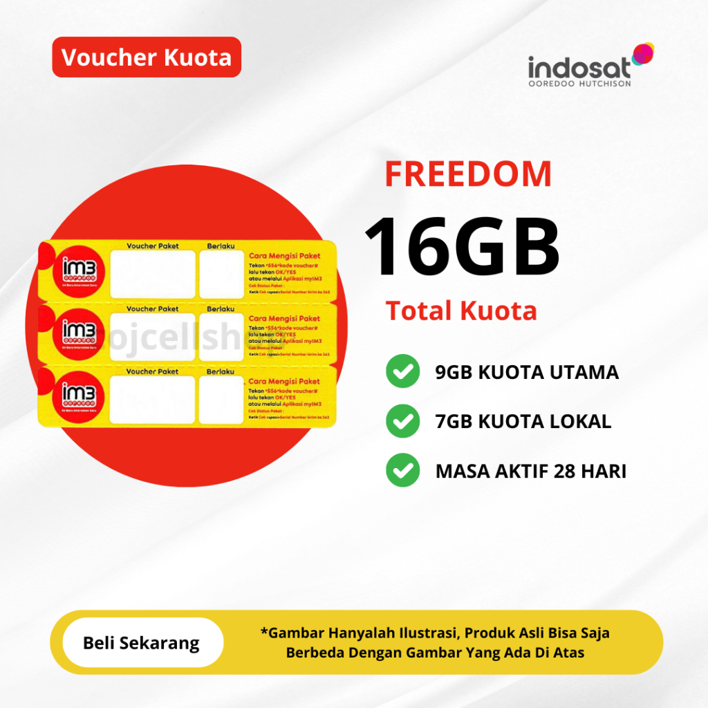 Voucher Kuota Indosat Ooredoo Freedom 16GB 28 Hari Full 24 JAM - Voucher IM3 16GB Full 24 JAM Masa A