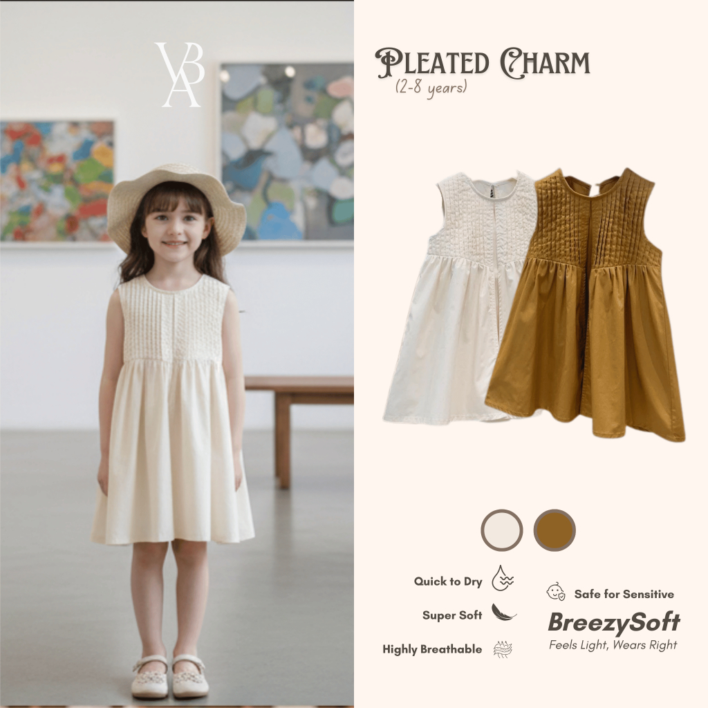 Venta Baby - Pleated Charm Dress Gaun Lipit Depan Lengan Pendek+Topi Anyam Anak Perempuan 2-8 Tahun