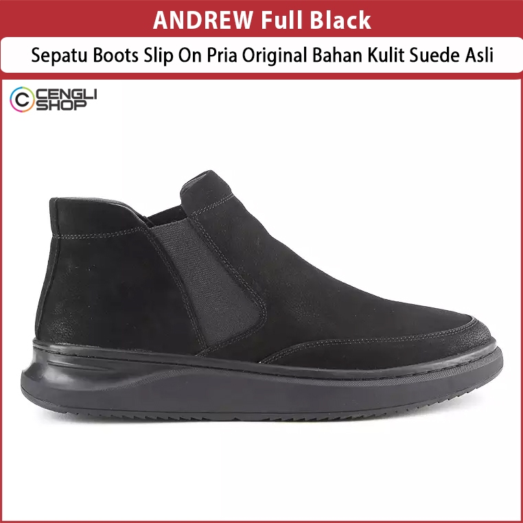 ANDREW SEPATU BOOTS SLIP ON PRIA Full Black Original Bahan Kulit Asli Elegan Berwibawa ANM01