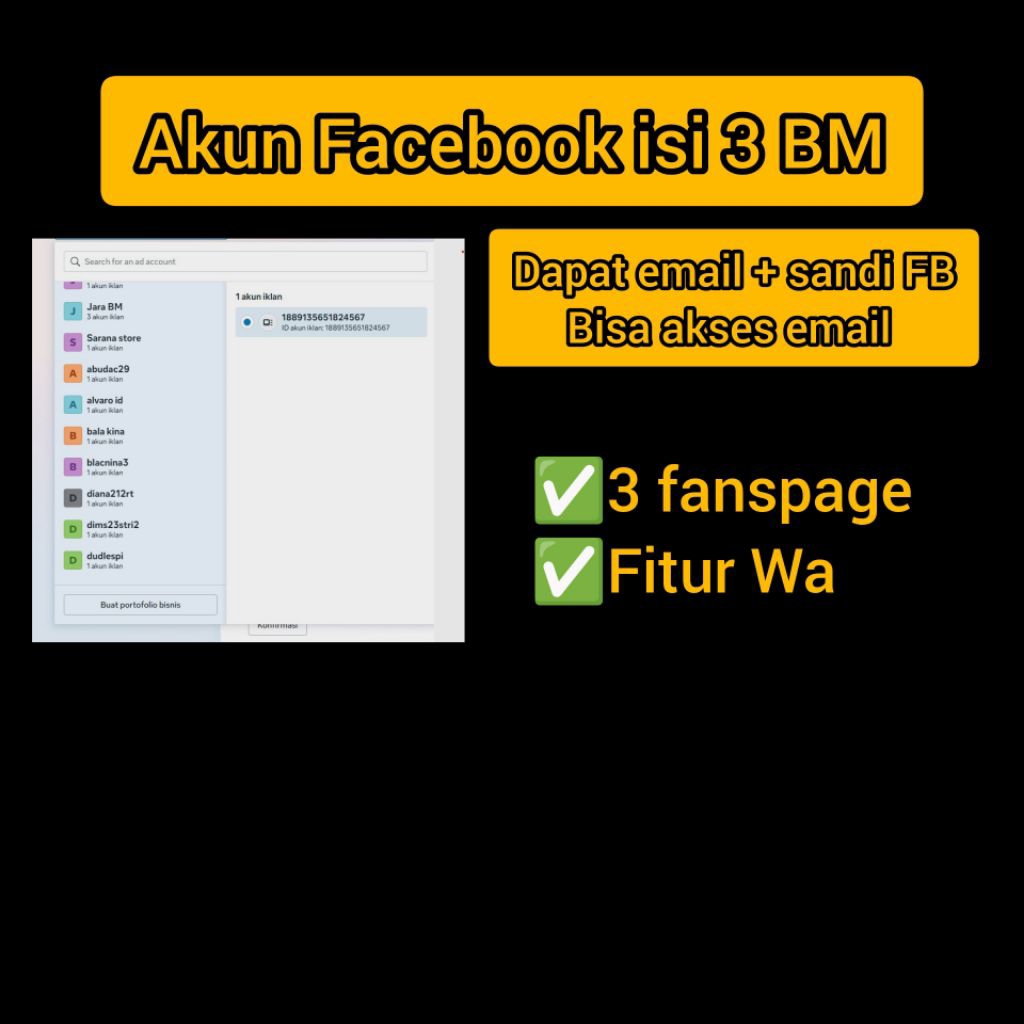 akun Facebook isi 3bm + fanspage fitur WA