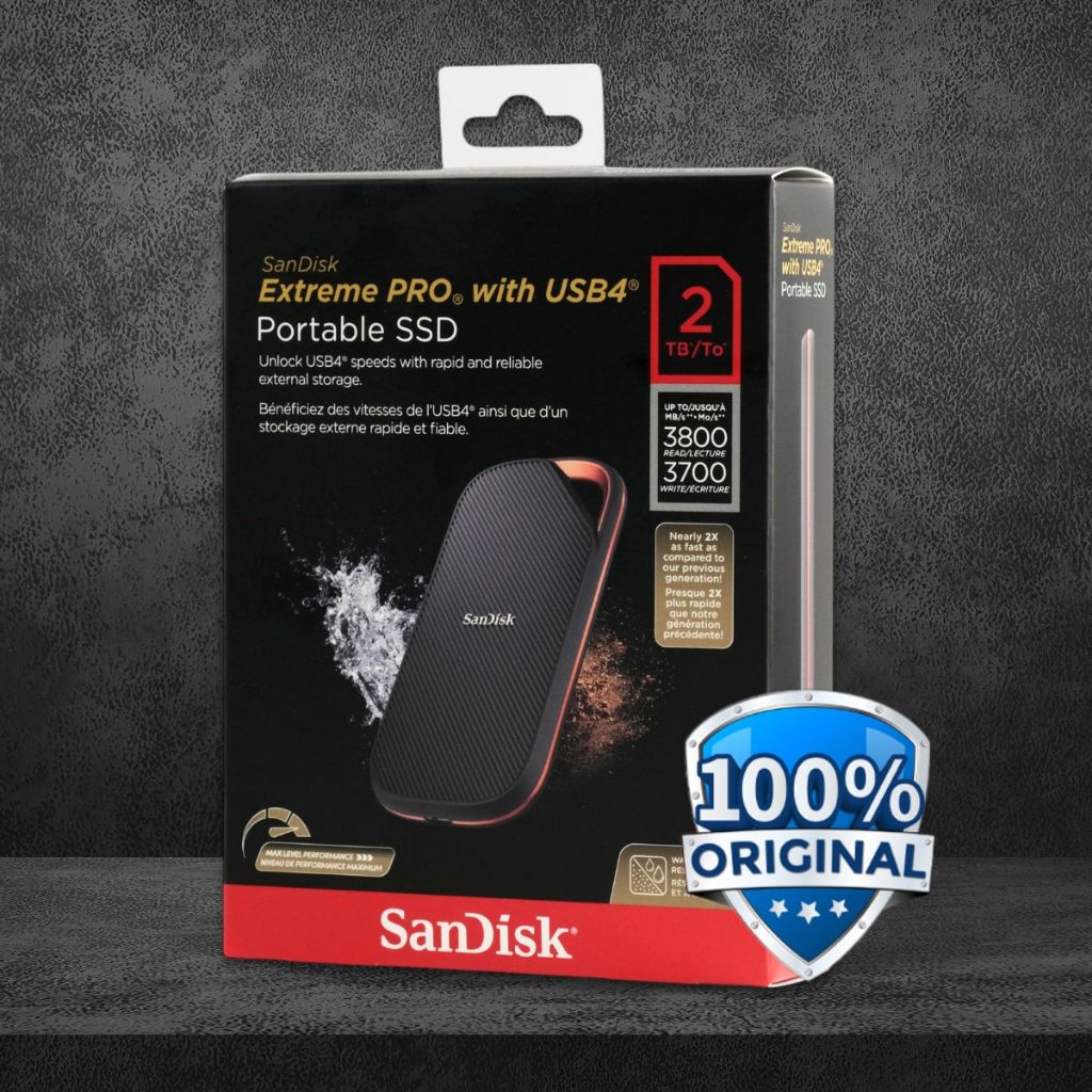 2TB SanDisk Extreme PRO Portable SSD 3800MB/s USB Type C 4.0 SDSSDE82 Hitam dengan Enkripsi AES 256-