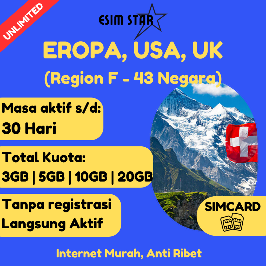 esimstar - SIM CARD 43 Negara EROPA USA UK MULTI COUNTRY Region F / Kartu Perdana / Sim Card / Data 