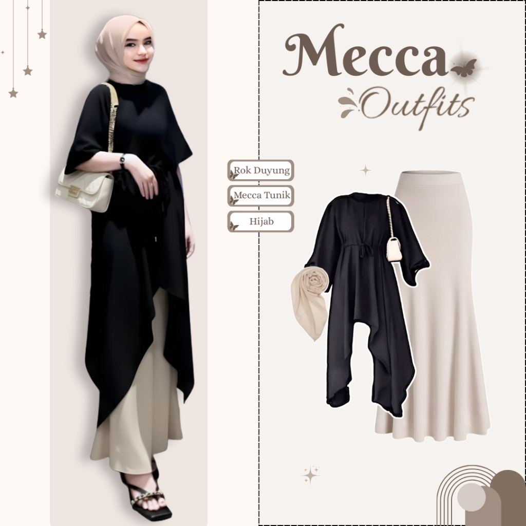 One Set Mecca Tunik Wanita Fashion (Rok Duyung + Mecca Tunik + Hijab) Outfit Kondangan Set Hijab - L