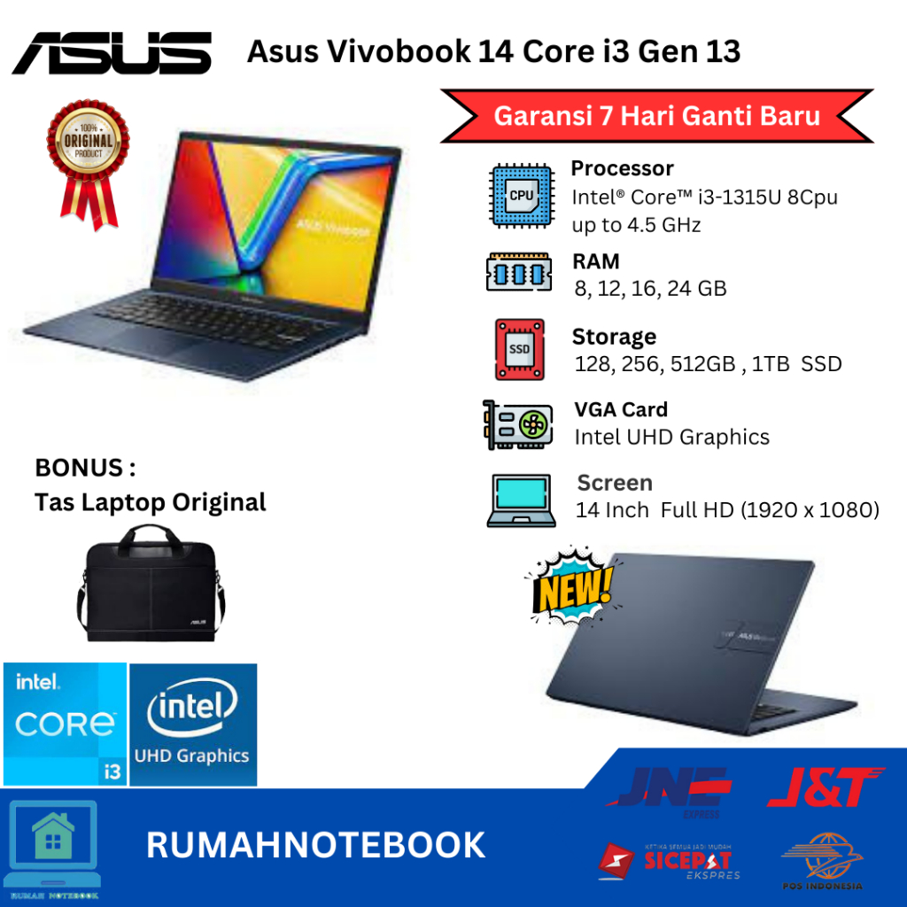 Laptop Baru Asus Vivobook 14 Intel Core i3 1315u Gen13 | Intel Core i7 1355U Gen13 upto 5,0Ghz