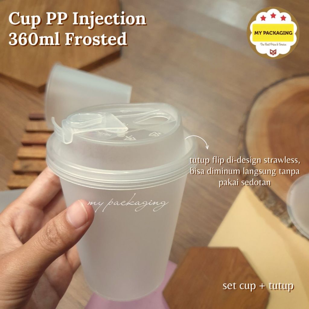 Gelas PP CUP INJECTION 25set FROSTED 360ml ( gelas+tutup )