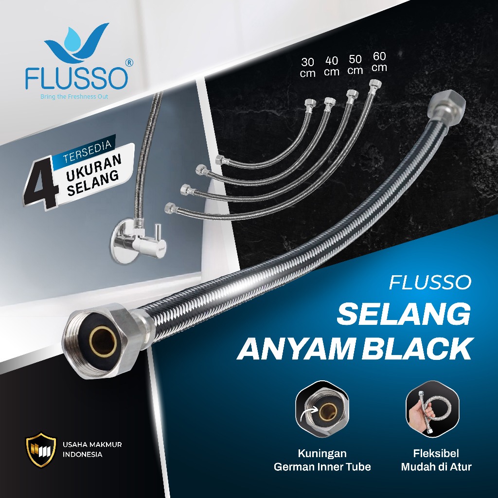 FLUSSO Selang Anyam Black Air Panas Dingin Selang Water Heater Original