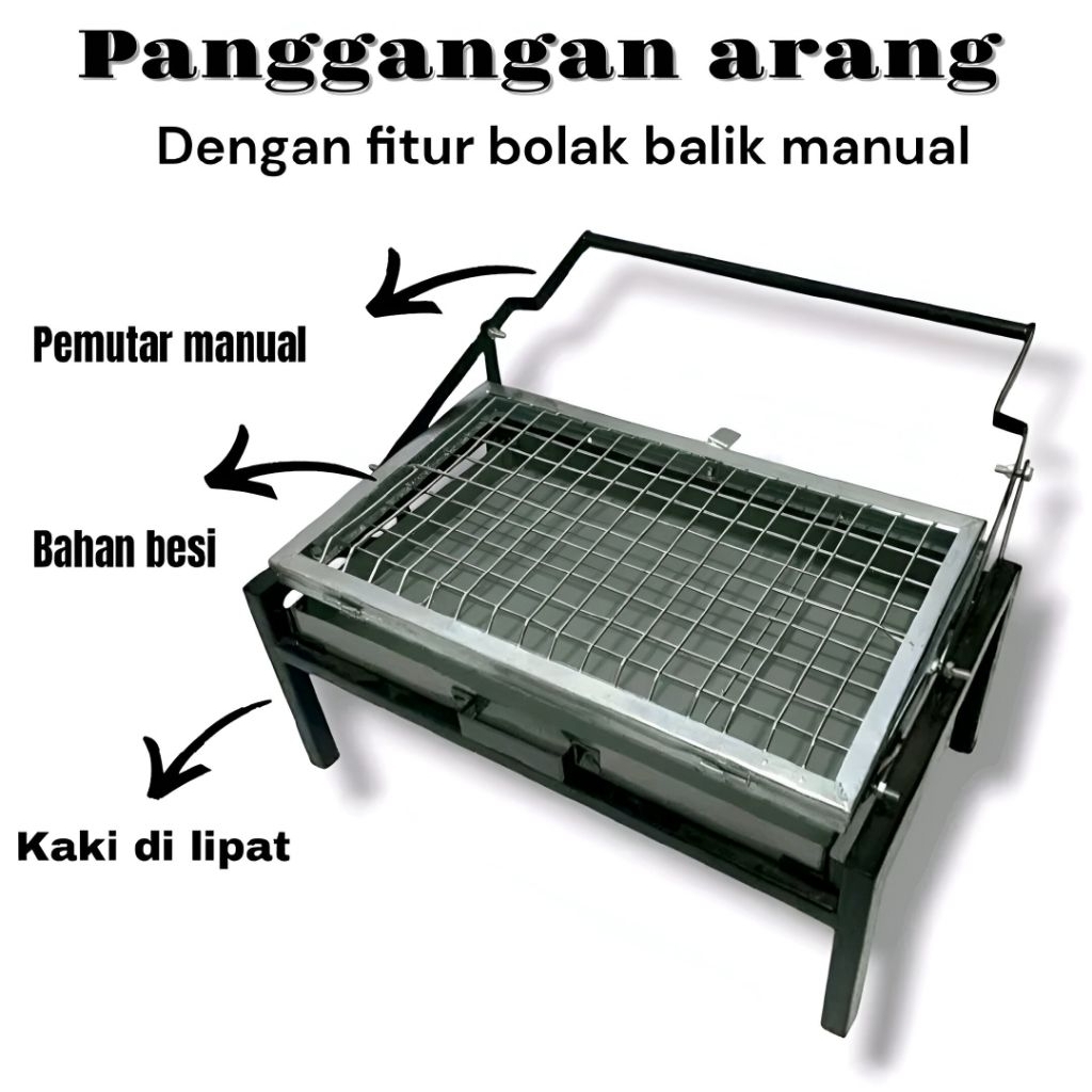 Panggangan Arang Besi Bolak-Balik Manual 30×50 cm – Alat Panggang Ayam Ikan BBQ | Kaki Lipat Tebal
