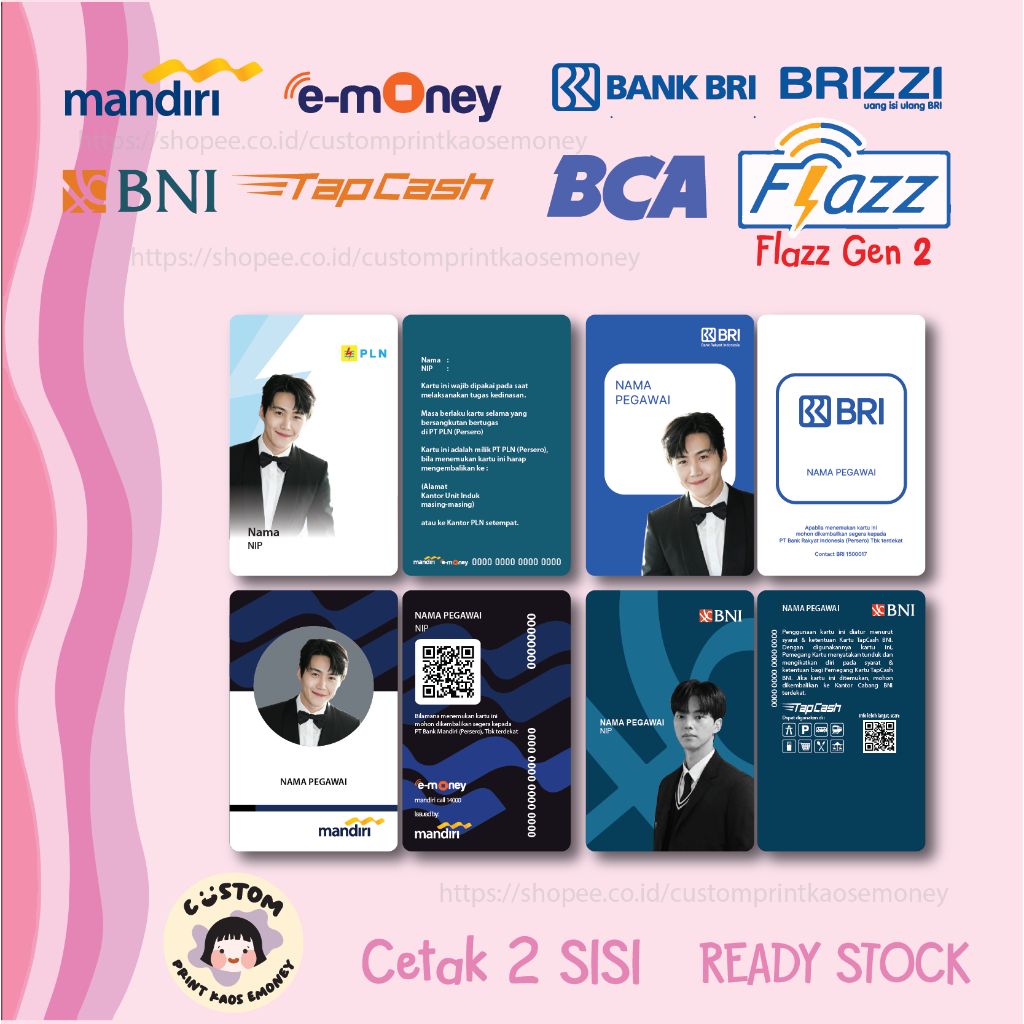 KARTU E MONEY E TOLL ID CARD CUSTOM MANDIRI EMONEY BNI TAPCASH BRI BRIZZI FLAZZ BCA - 2 SISI