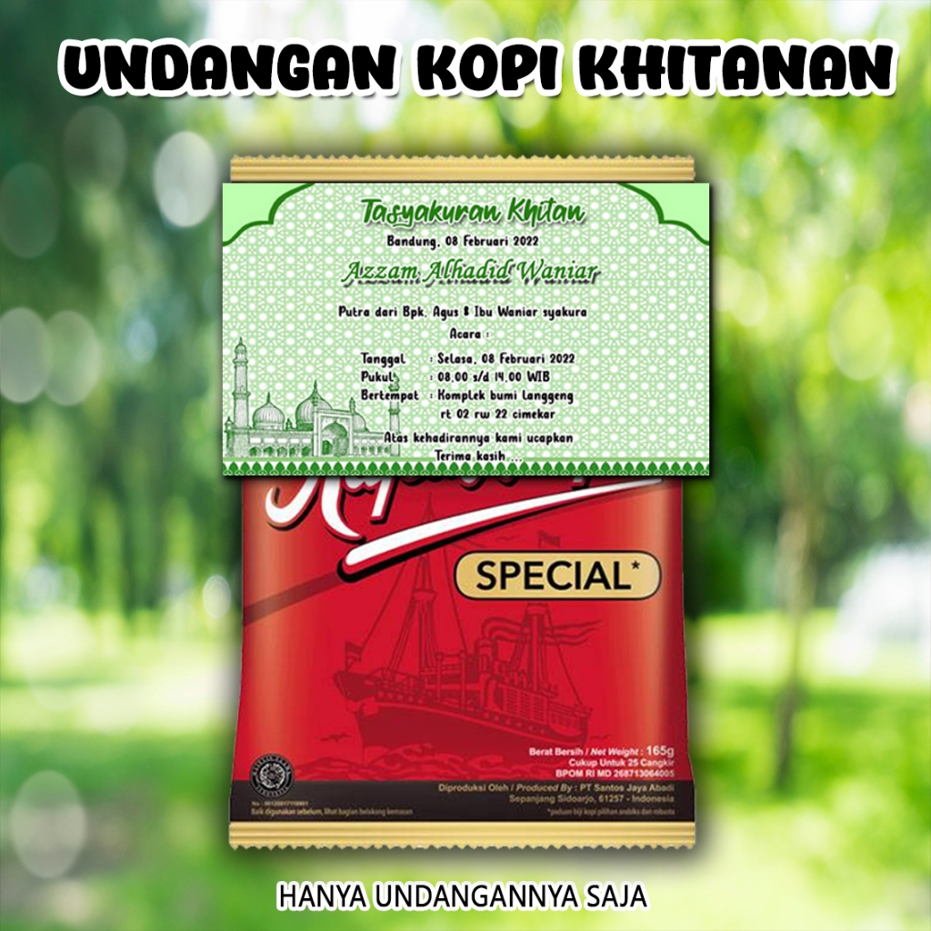 Undangan mini kopi 04 khitanan pernikahan ukuran 7.5 x 9 Cm bahan Karton BC