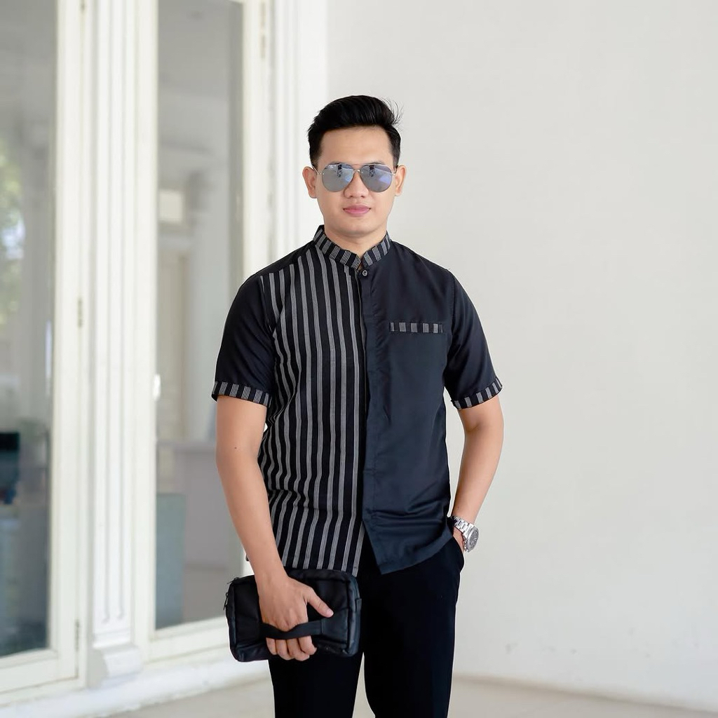 Kemeja Lurik Hitam Kombinasi Polos Premium