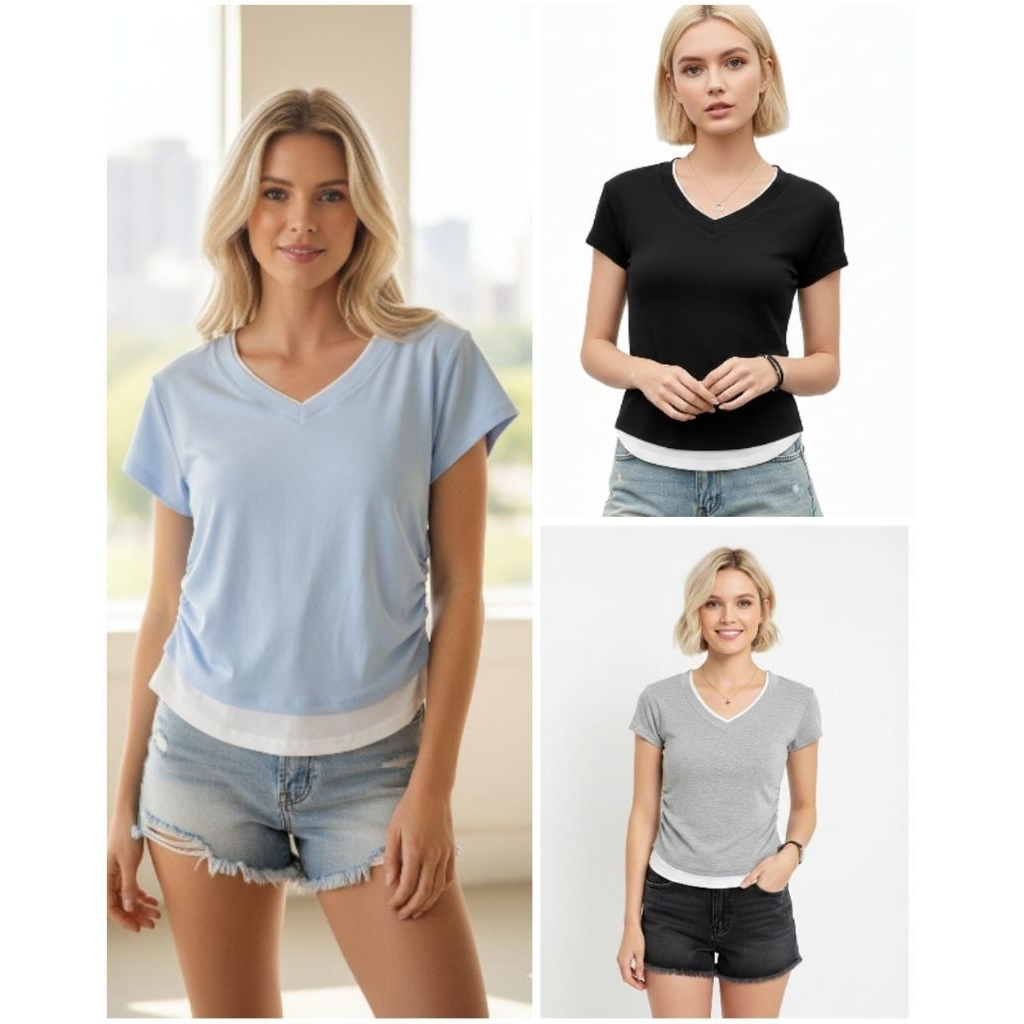 Two tone vneck crop tee tshirt CD126