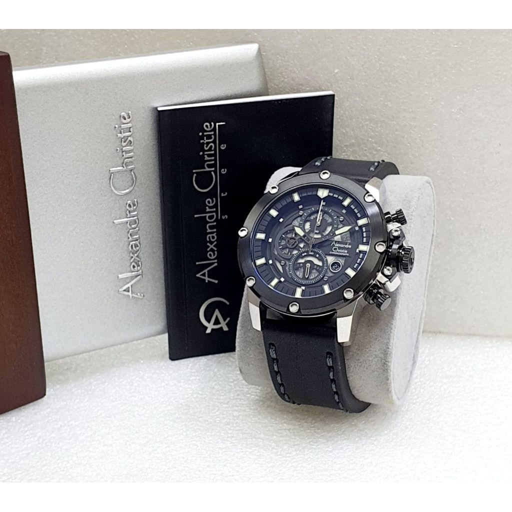 Alexandre Christie AC6564 Original - Jam Tangan Pria Chronograph Leather Strap Case Stainless Tangga