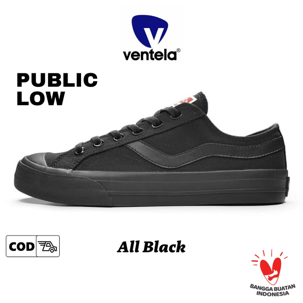 Ventela Public Low All Black Sepatu Hitam Polos