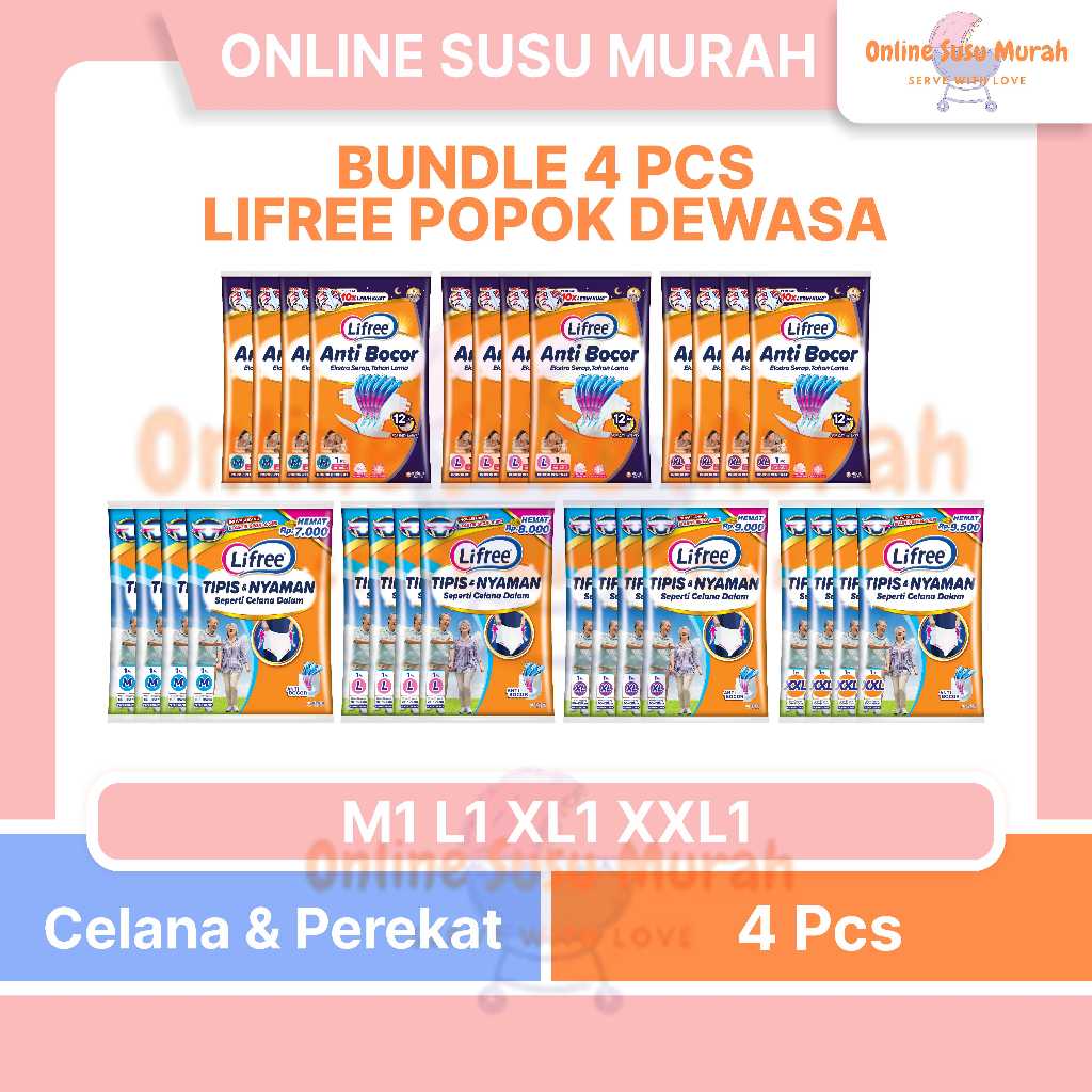 LIFREE DIAPERS BUNDLE 4 PCS PANTS DAN TAPE M1 L1 XL1 XXL1 4 PCS SACHET M 1 L 1 XL 1 XXL 1 SSSC