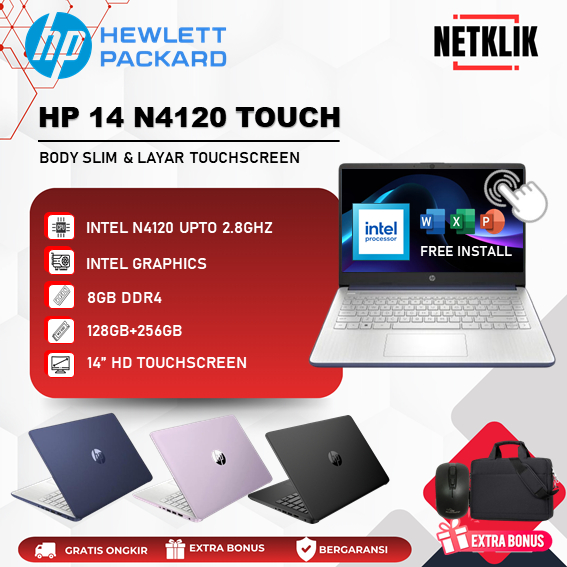 Laptop Touchscreen HP 14 N4120 Celeron RAM 8GB 64GB 128GB 256GB WIN11 Home Baru