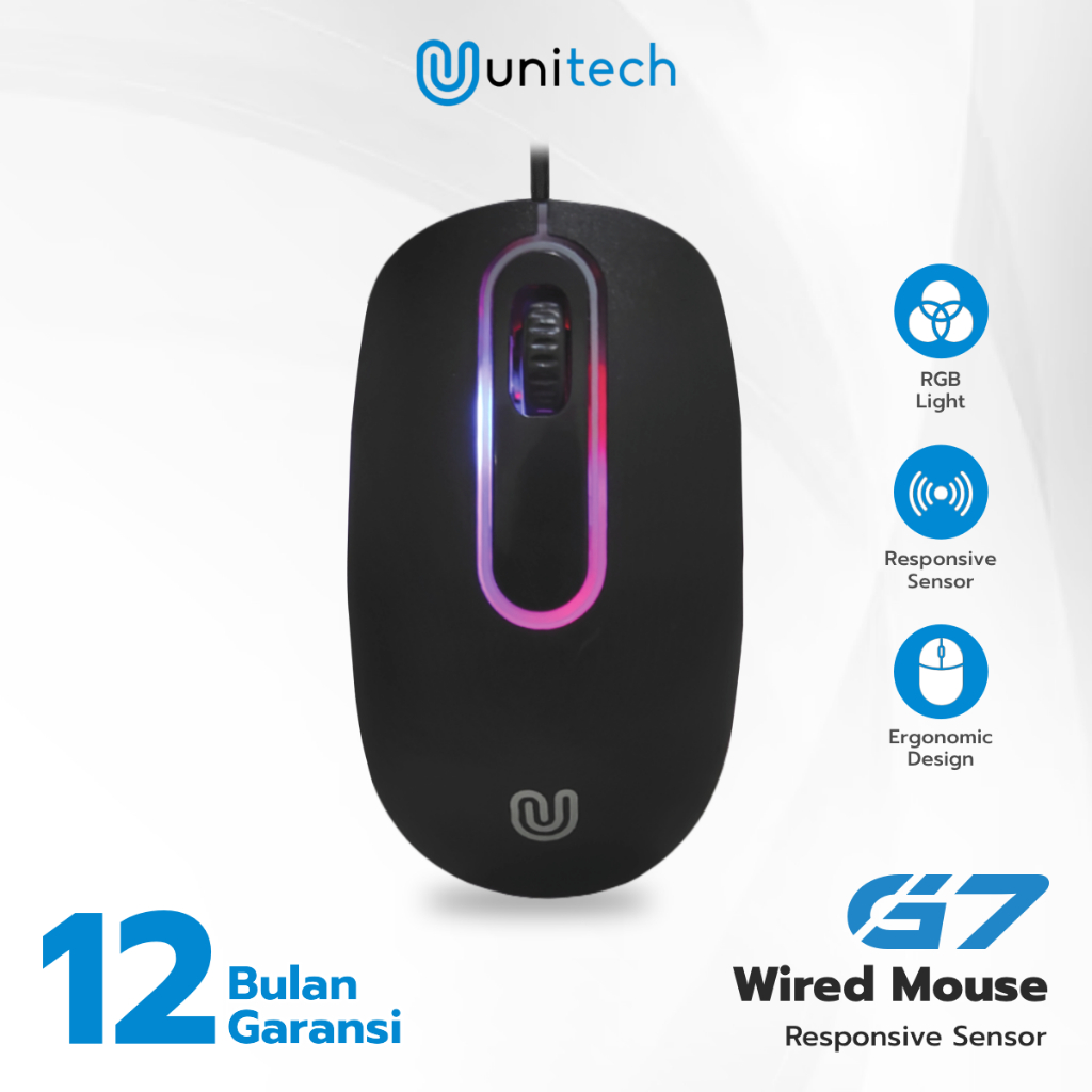 Mouse Kabel Unitech G7 Wired USB 1200 DPI LED Black - Mouse Office Kabel Lampu