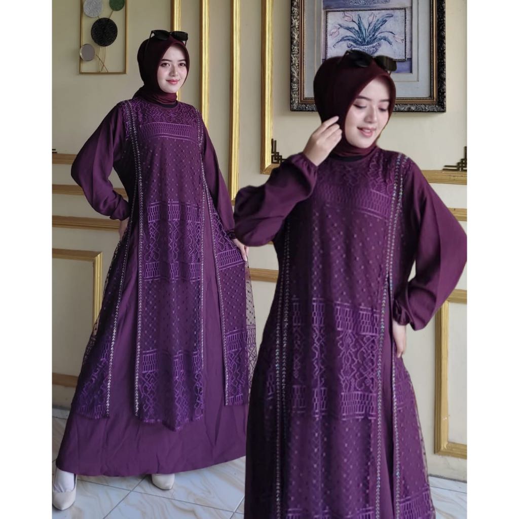 (PO) Gamis brukat viona gamis wanita terbaru yang cantik dan elegan bahan brukat mix crinkle