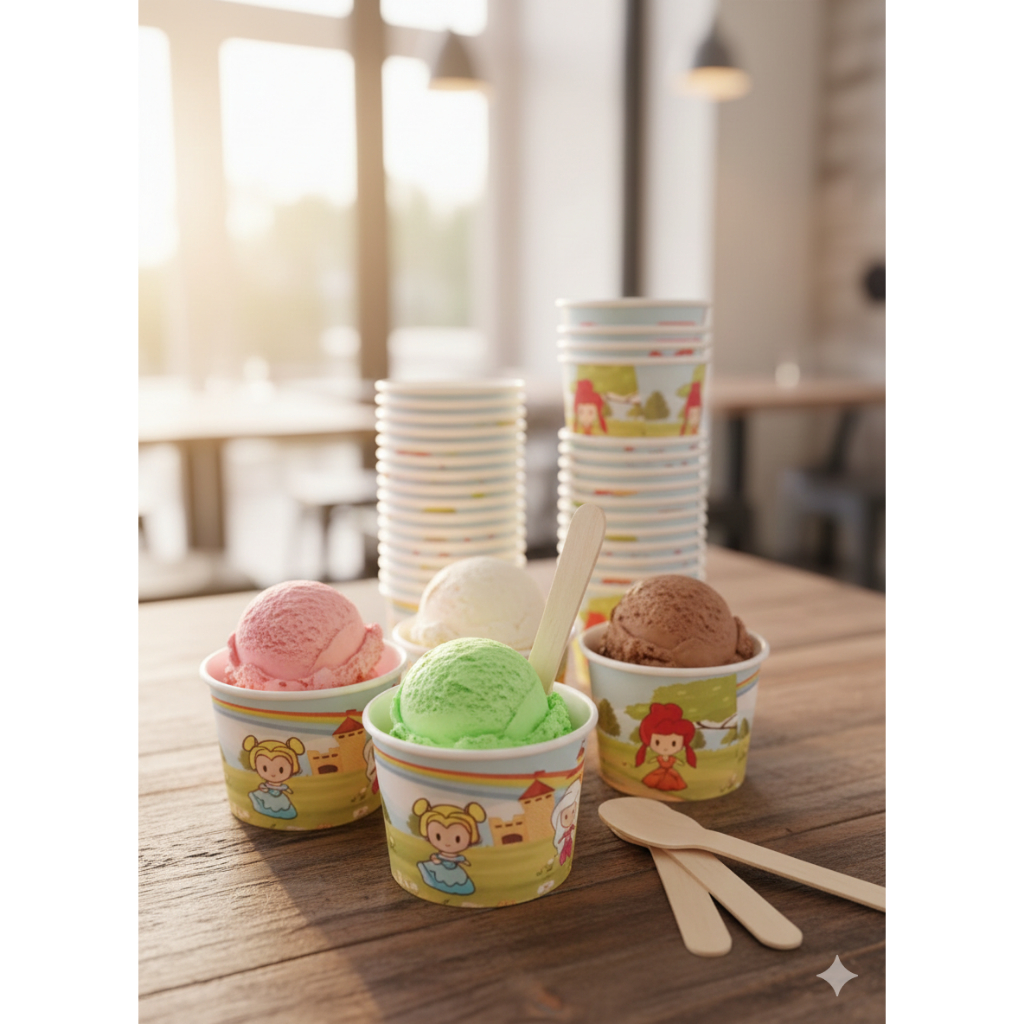 PAKET HEMAT 50PCS Paper Cup Ice Cream + Sendok Es Krim Gelas Kertas 2,5oz 60ml Papercup 2.5 oz 60 ml