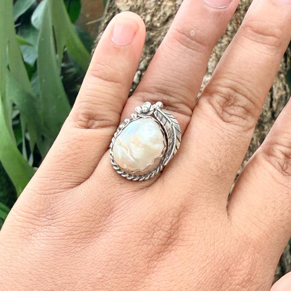 Cincin Ring Perak Silver Bali Pearl Mutiara Biwa Barok Daun Ukir Daun Asli 925 Wanita Pria Laki Etni