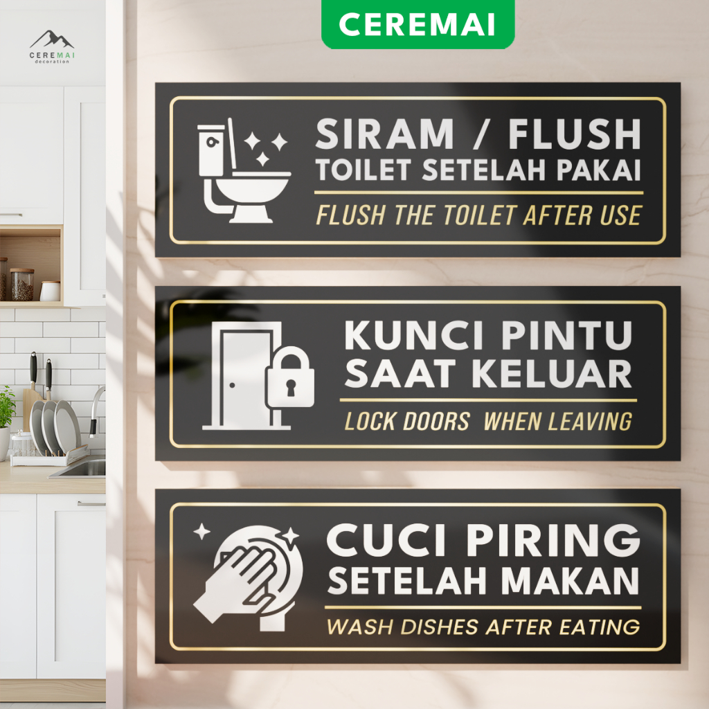 Papan Peraturan Kost - Asrama - Mess | Kunci Pintu - Cuci Piring - Siram Toilet Kos