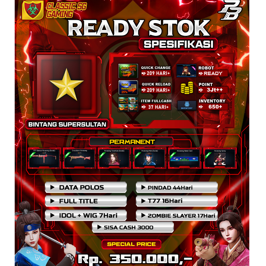 BINTANG 1 QC 209D SKULL 2D INV 650+ HV 30D+ T77 PERMANENT IDOL+WIG 7D FULL TITLE |GAME PC