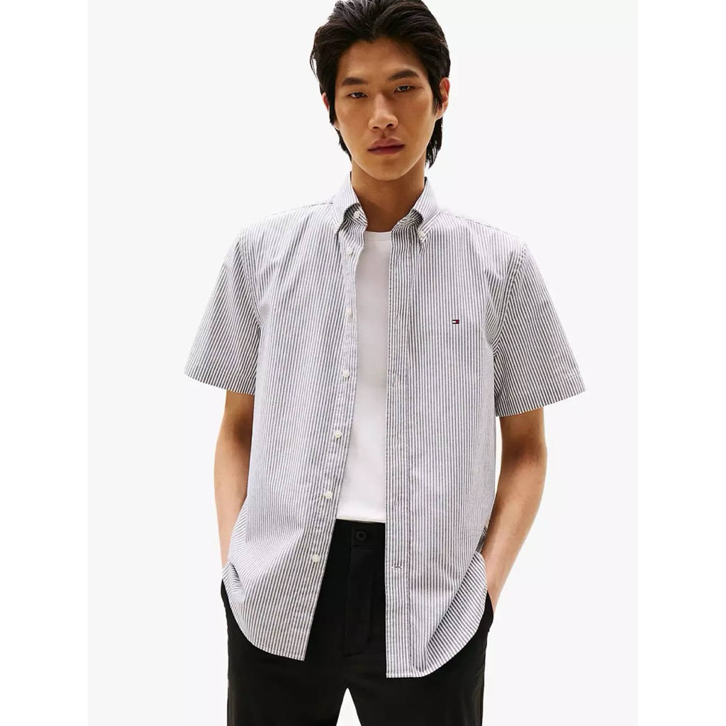 Kemeja Lengan Pendek Pria Tommy Hilfiger Brwon Stripe-Fitted original