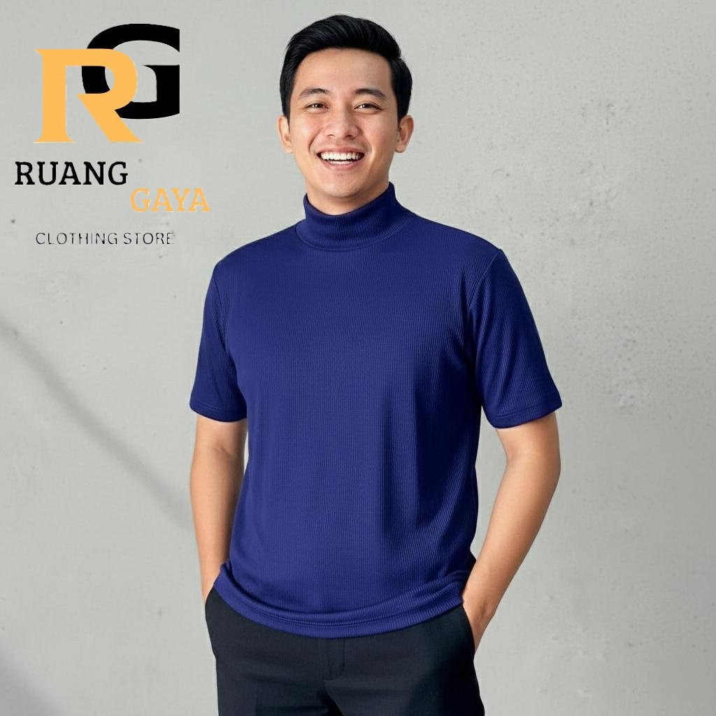 Atasan Rajut Turtleneck  Pria Kerah Tinggi Lengan Pendek  Kaos Turtleneck Rib Turtleneck Lengan Pend