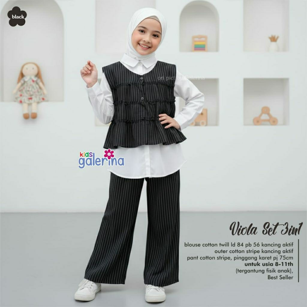 Viola set 3in1 teen kids setelan celana katun anak remaja usia 8-13 tahun motif salur garis garis