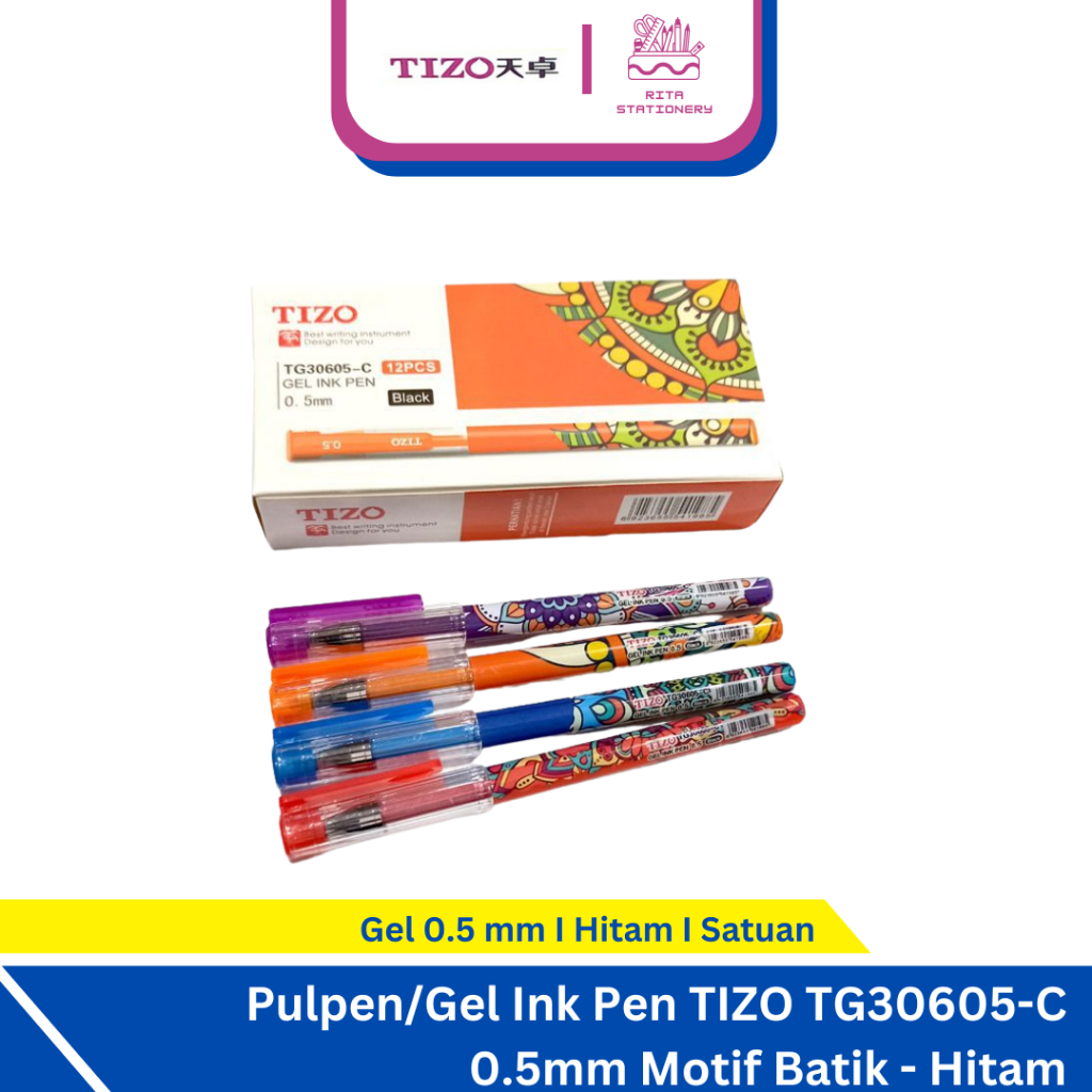 Tizo Pulpen/Gel Ink Pen Motif Batik Hitam 0.5mm Satuan TG30605-C
