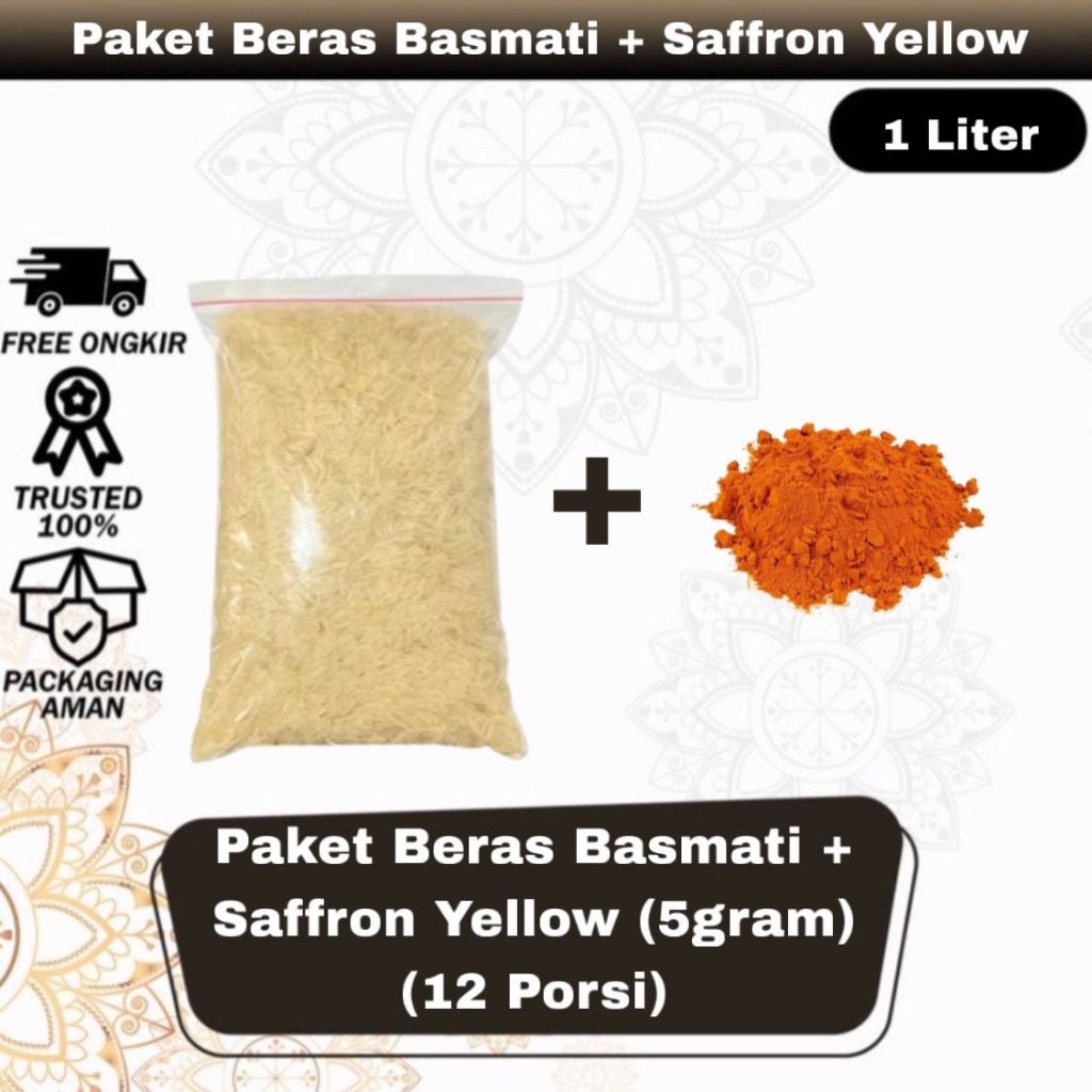 Paket Beras Basmati 1 Liter Beras Arab + Bumbu FRempah Saffron Safron Yellow Untuk Kebuli Mandi