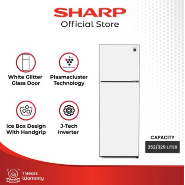 SHARP Kulkas 2 Pintu 329L SJ-456GI-GW / SJ456GIGW / SJ 456GI White Glitter 2 Door - SHINE Glass Door