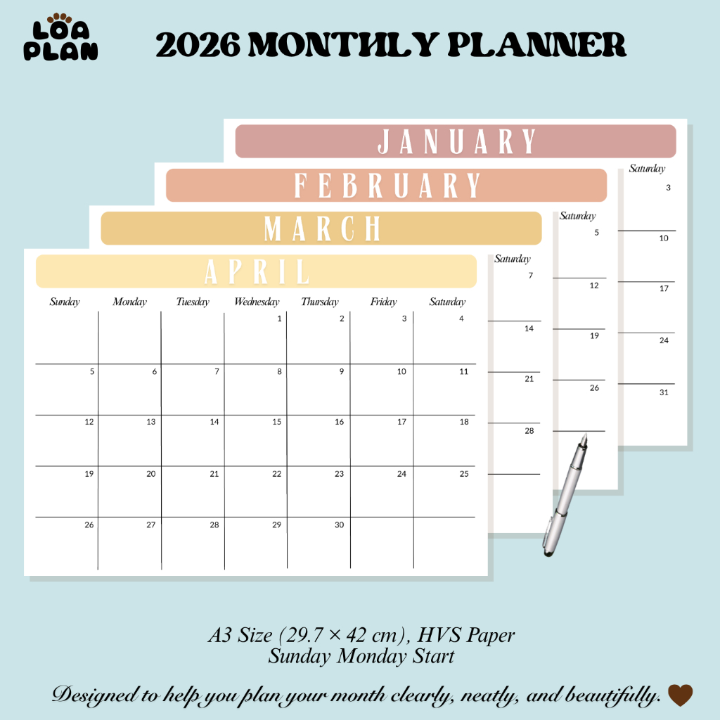 LOA PLAN – Pastel Monthly Planner 2026 A3 Landscape | Ruled Sheet | HVS 80-100 GSM | Start Sunday