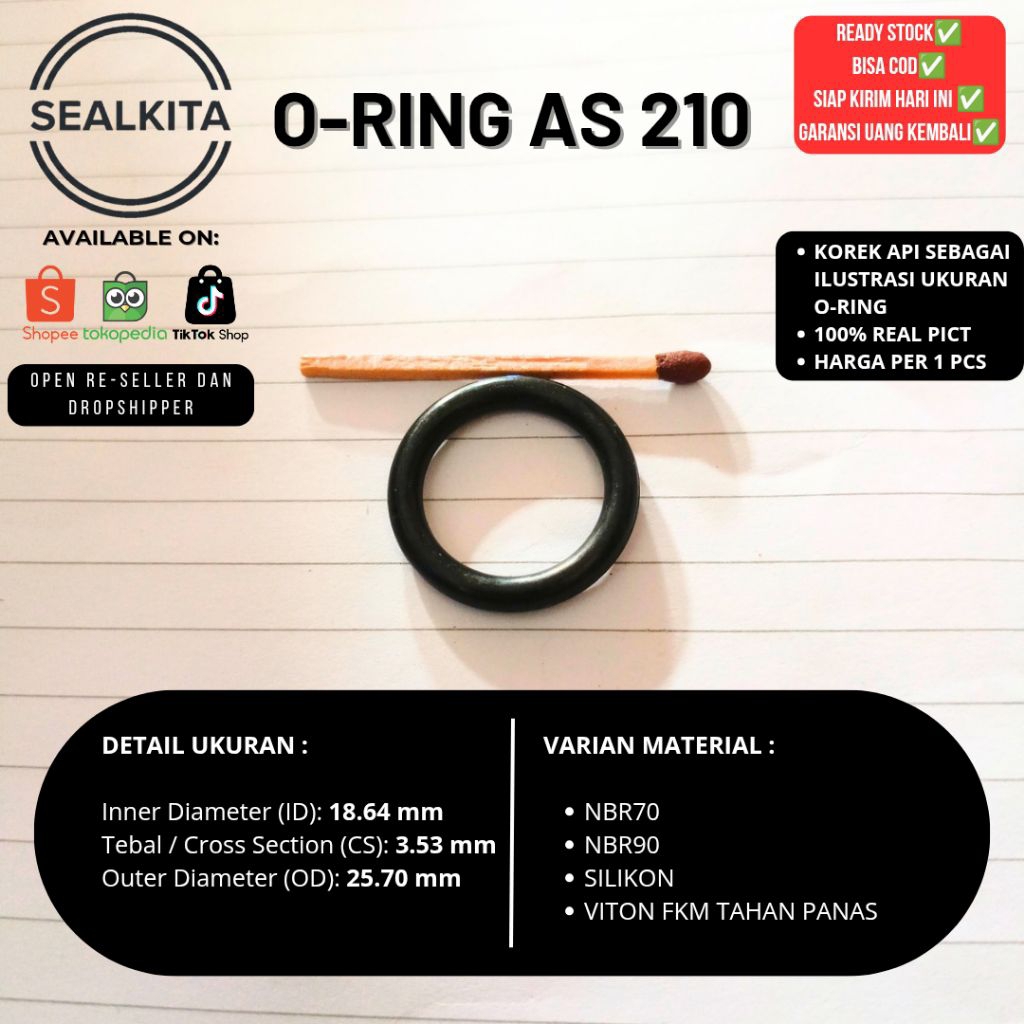 Oring seal AS 210 (ID 18.64 x 3.53 mm) Seal Karet NBR 70 / NBR 90 / Silikon / Viton - FKM Tahan Pana