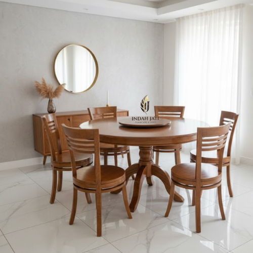 Meja Makan Bundar Jati Kursi 6 Kursi Cafe Resto Unik
