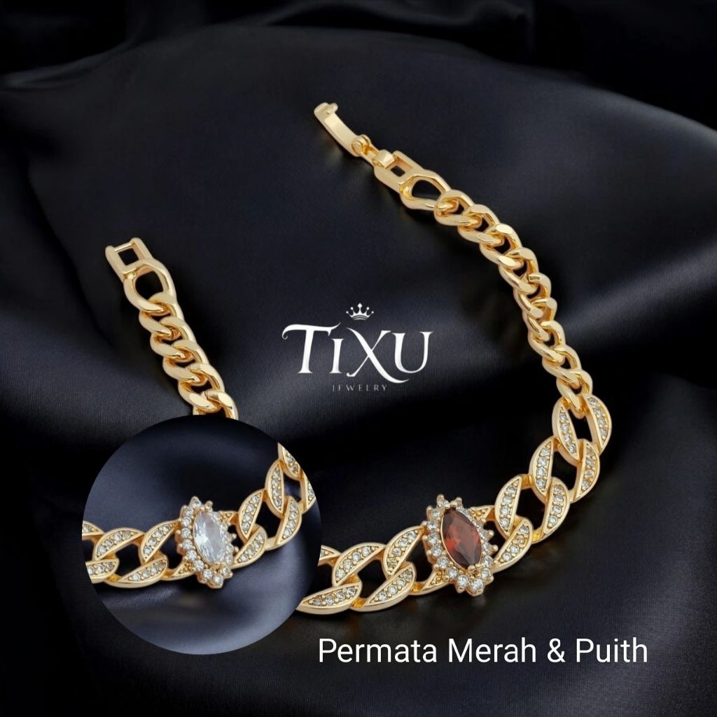 TIXU | Gelang Rantai Permata Merah dan Putih Lonjong Besar