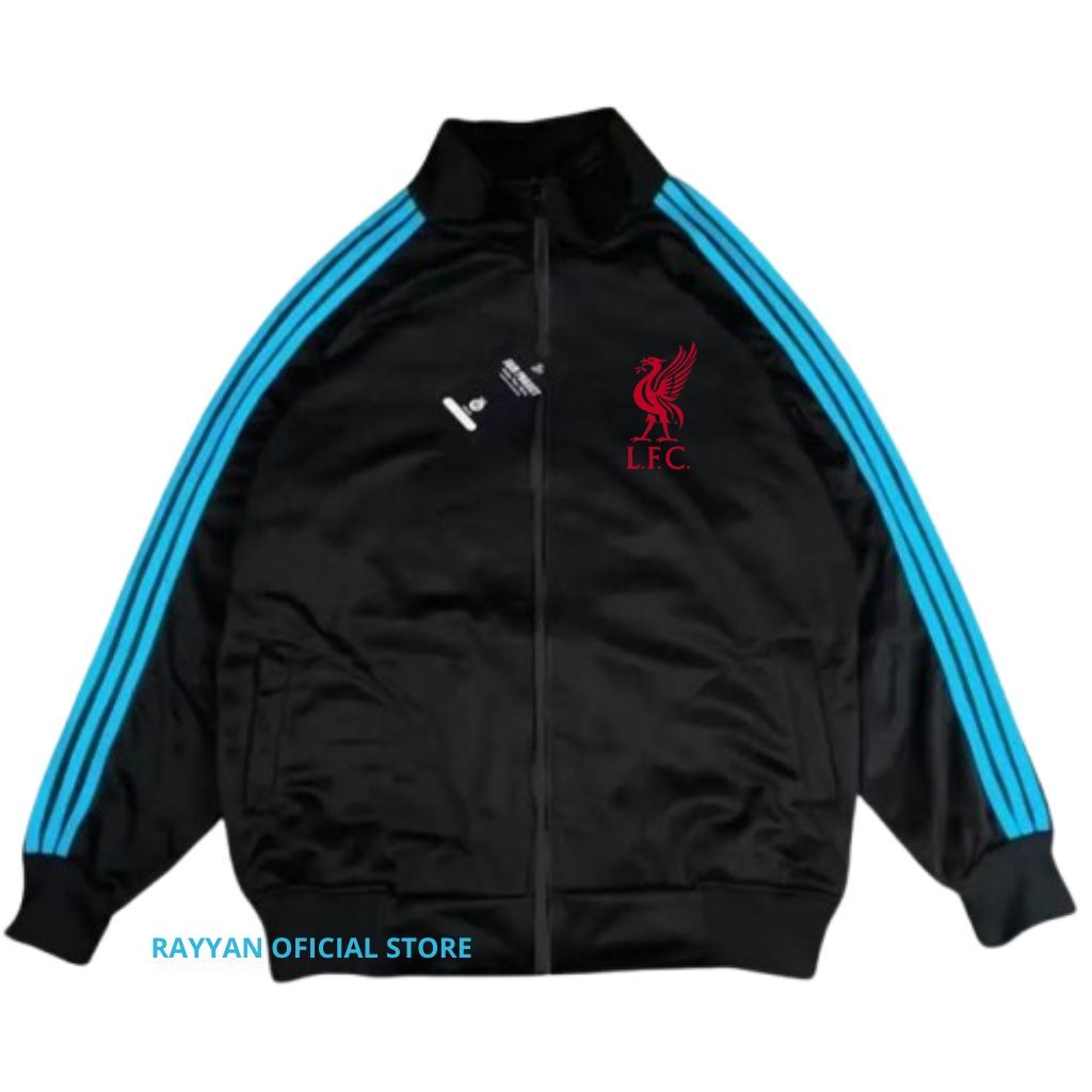 Liverpool Jacket Tracktop Unisex Footbal Club Top Eropa / Dunia Warna Hitam Motif List Tangan Biru S