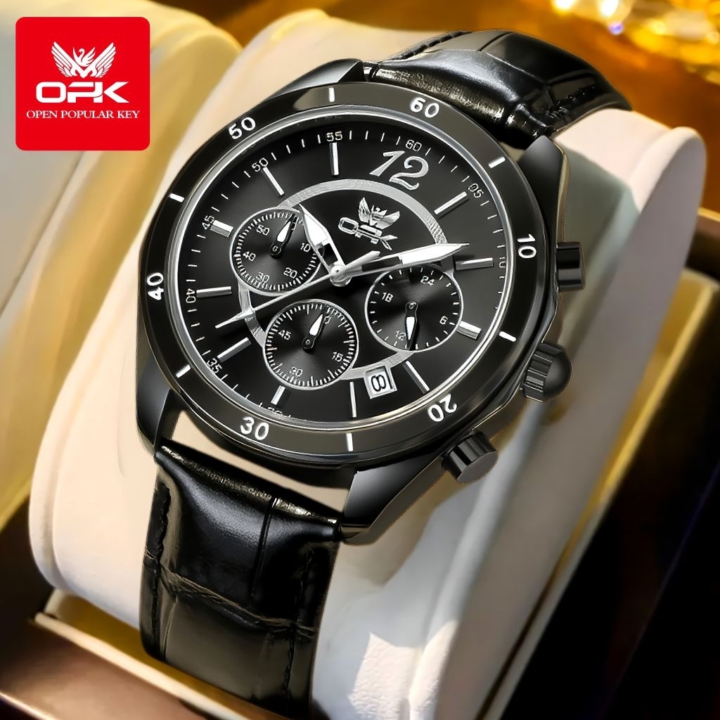 OPK Jam Tangan Pria Anti Air Original Kulit Tahan Hitam Luxury Chronograph Bisnis Kuarsa Men Watch