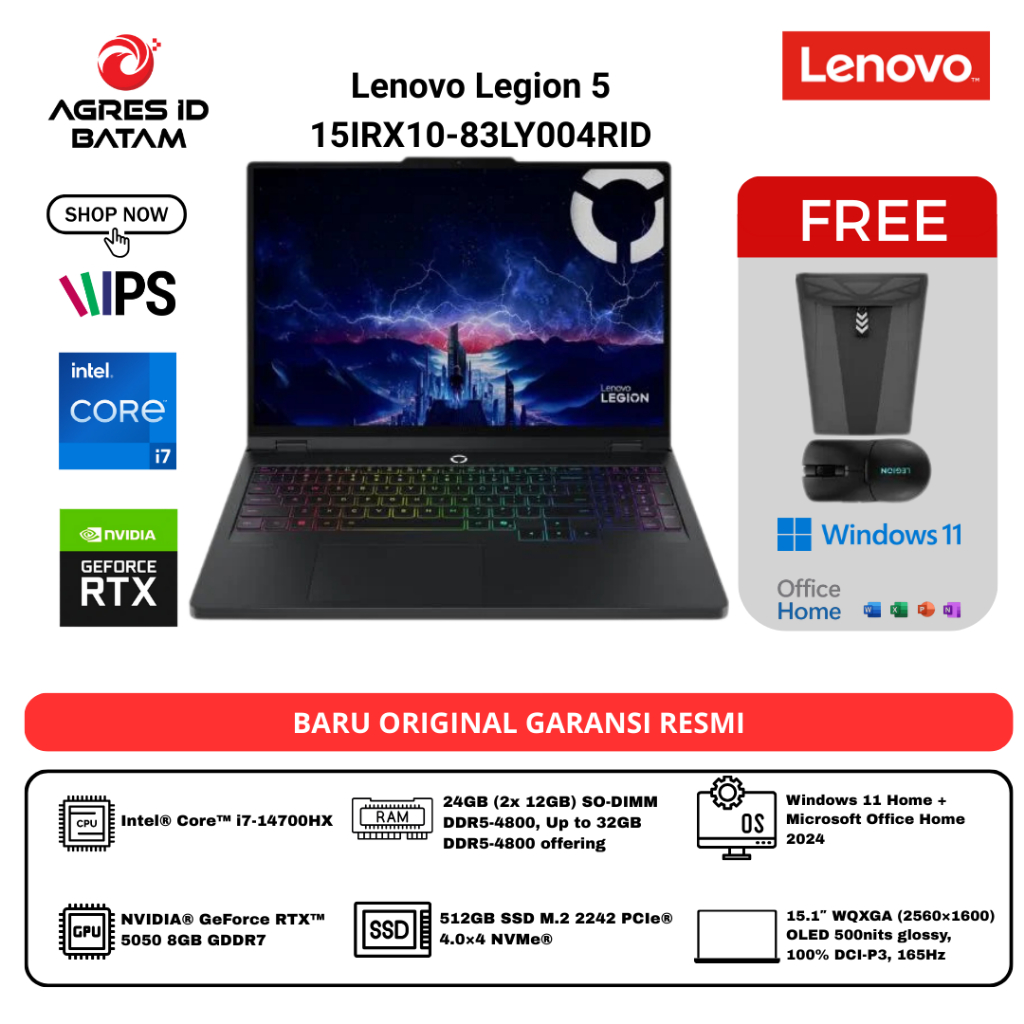 LENOVO LEGION 5I 15 OLED I7 14700HX RTX5050 8GB/ 24GB 512GB W11+OHS+M365B 15.1WQXGA 165HZ 24ZRGB 3Y+
