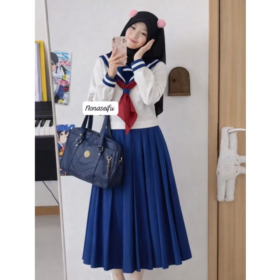 nonaseifu - setelan hijab ootd seifuku seragam sekolah jepang kawaii sailor blue