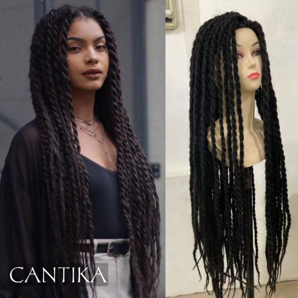 Wig Pria Dan Wanita Rambut Gimbal Kepang Panjang Warna Hitam Alami