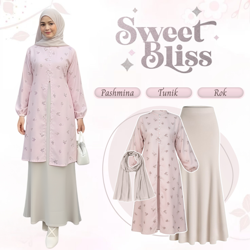 One Set Tunik Wanita Kekinian Korean Style (Tunik Korean Style + Rok Duyung Scuba Premium + Pashmina