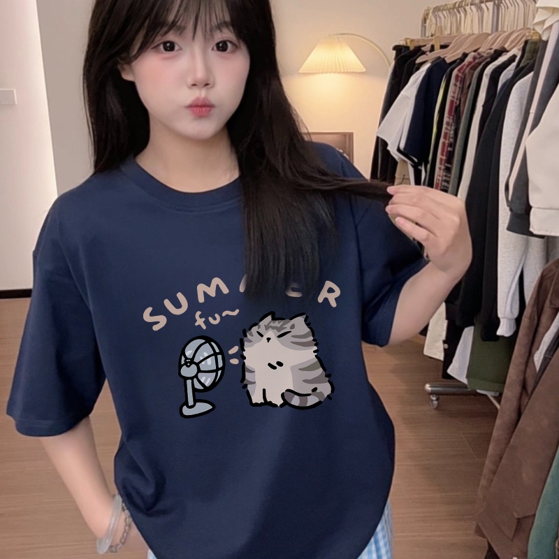 YIKOO - Kaos Oversize Lengan Pendek Atasan Kucing Dengan Pola Kipas Anginn T Shirt Wanita Baju