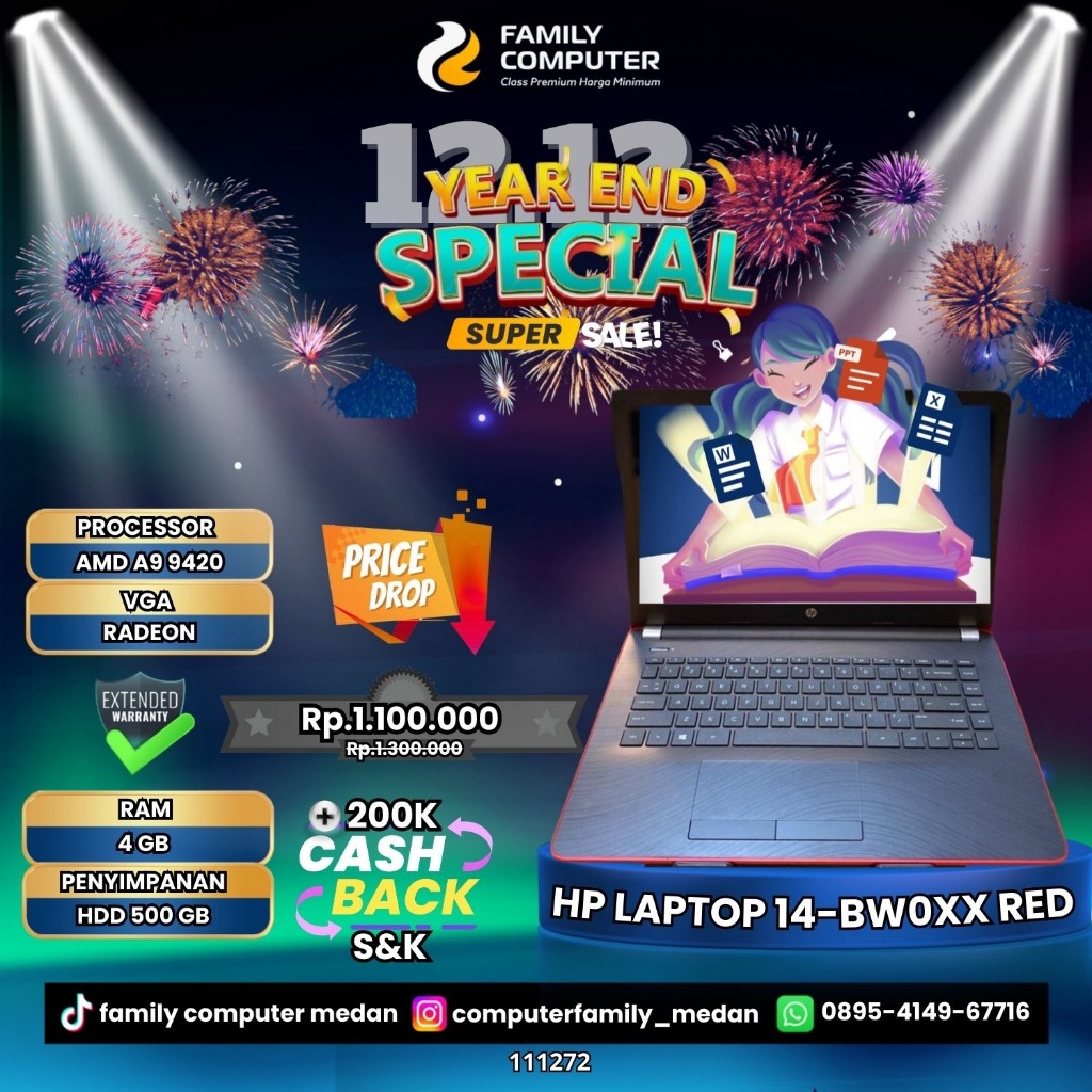 HP LAPTOP 14-BW0XX | AMD 9-9420 | RAM 4GB | HDD 500GB | RED | 14 INCHI