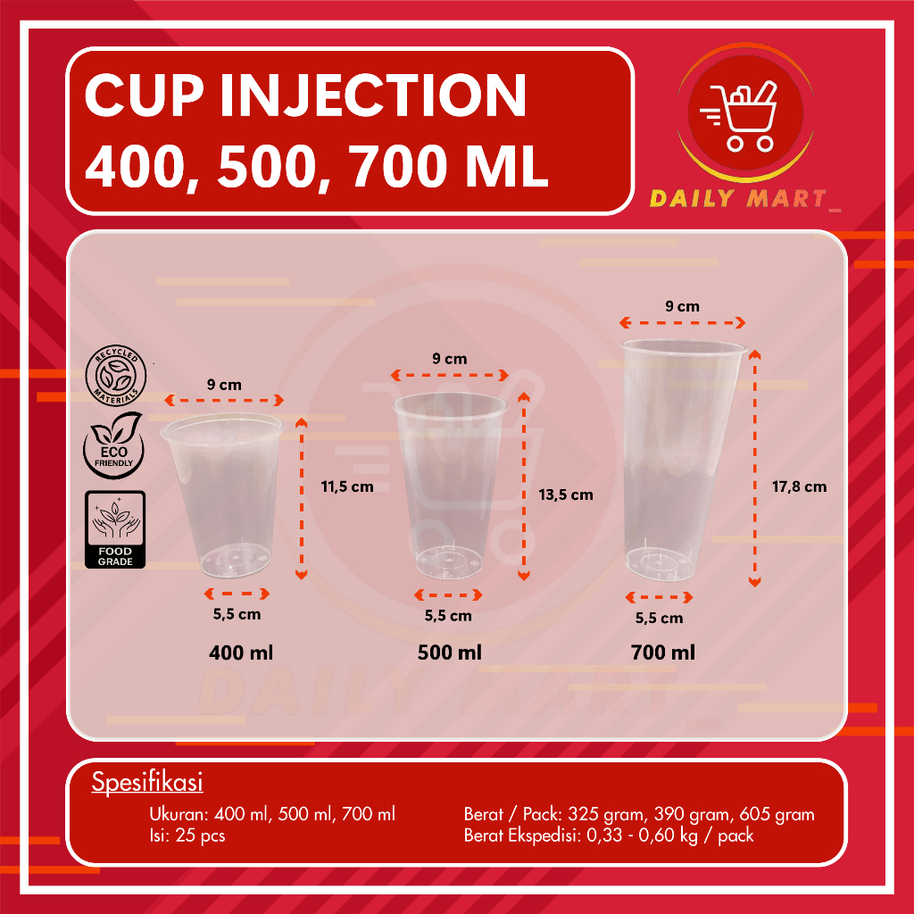 Cup PP Injection 400ml 14oz / 25pcs / Gelas Plastik Bobba |Cheese Tea 14oz