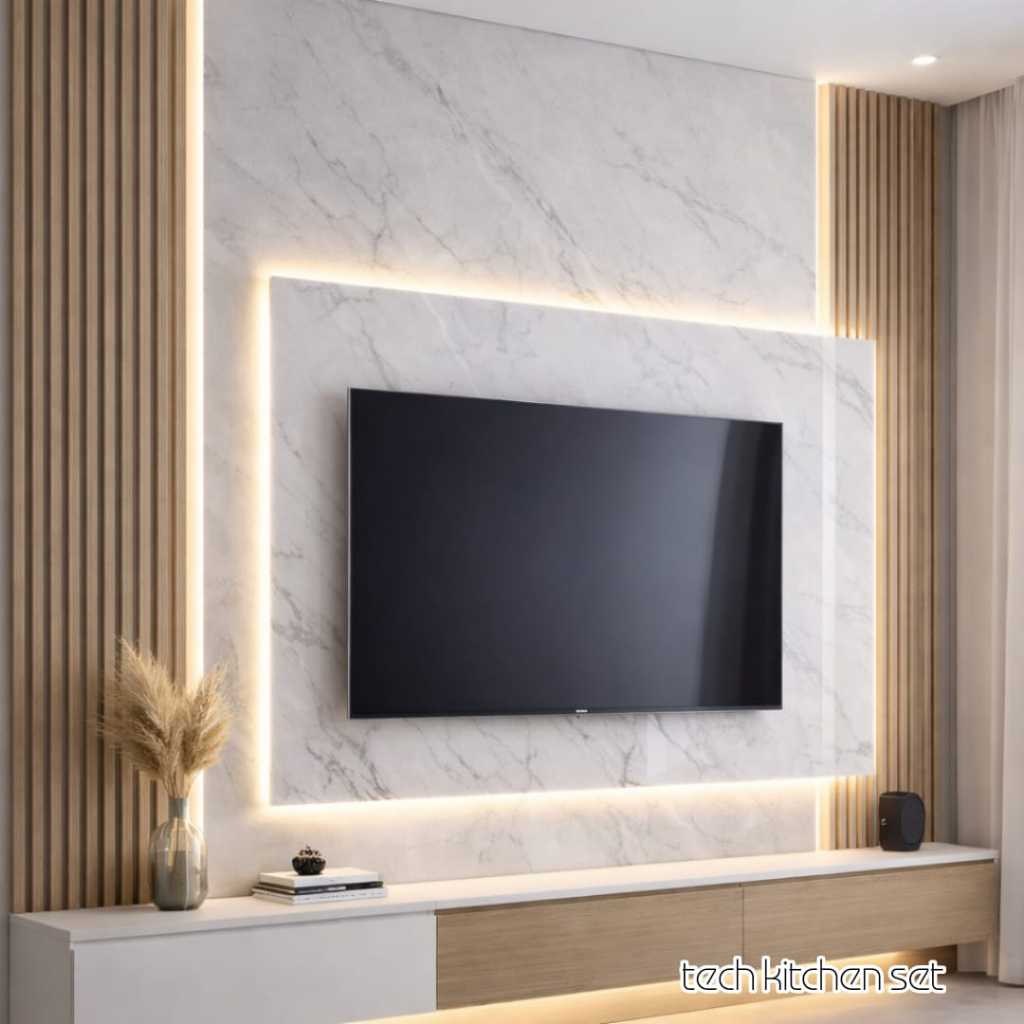 Backdrop TV Minimalis Modern LED Backlight Panel TV Dinding HPL  Rak TV Dinding