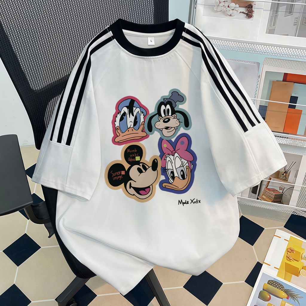SG Baju Putih Black Stripe Kaos Wanita Premium | Kaos Putih Lengan Pendek | Mickey Mouse Print | Baj