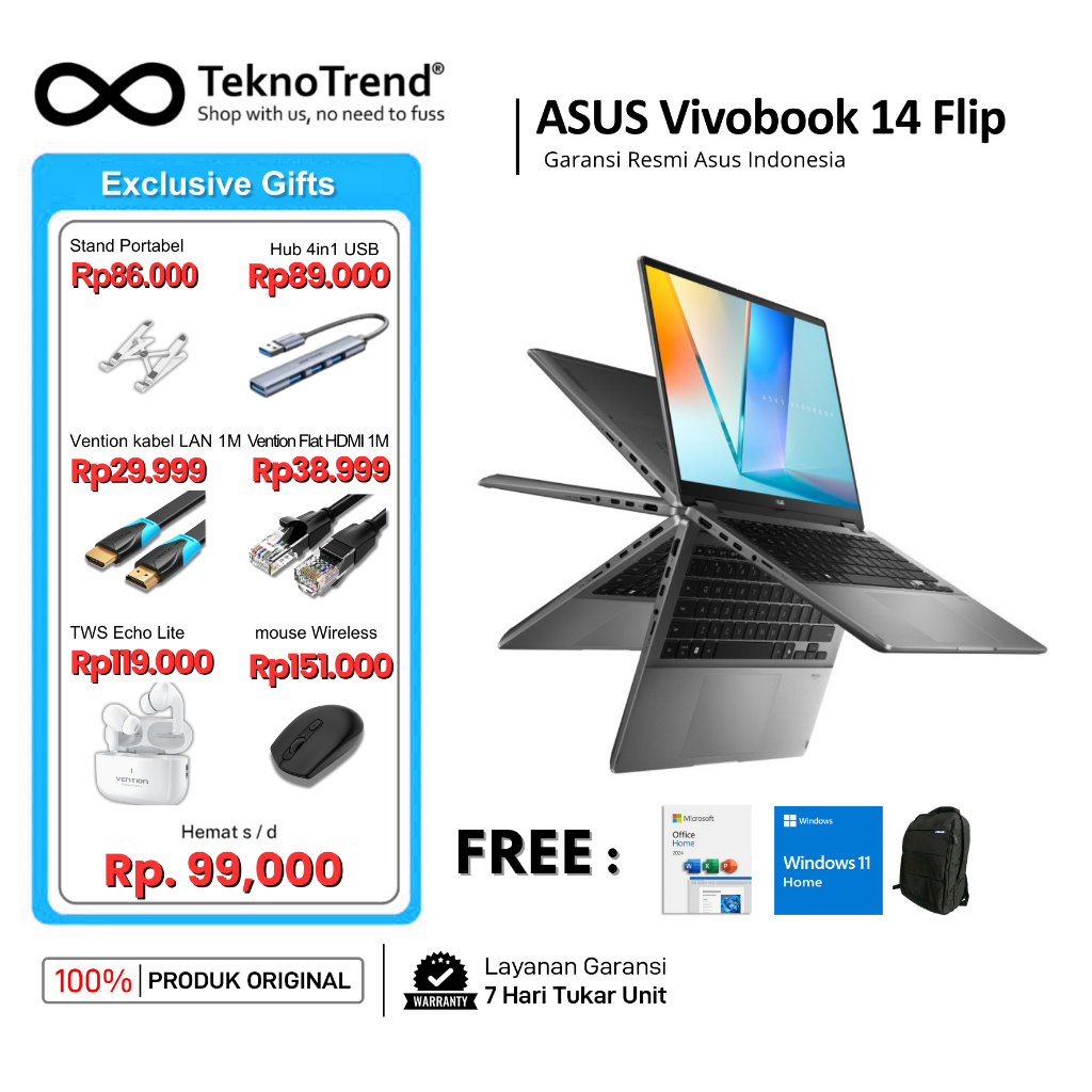 ASUS Vivobook 14 Flip TP3407SA 16GB/512GB 14" OLED Win11& OHS Garansi Resmi