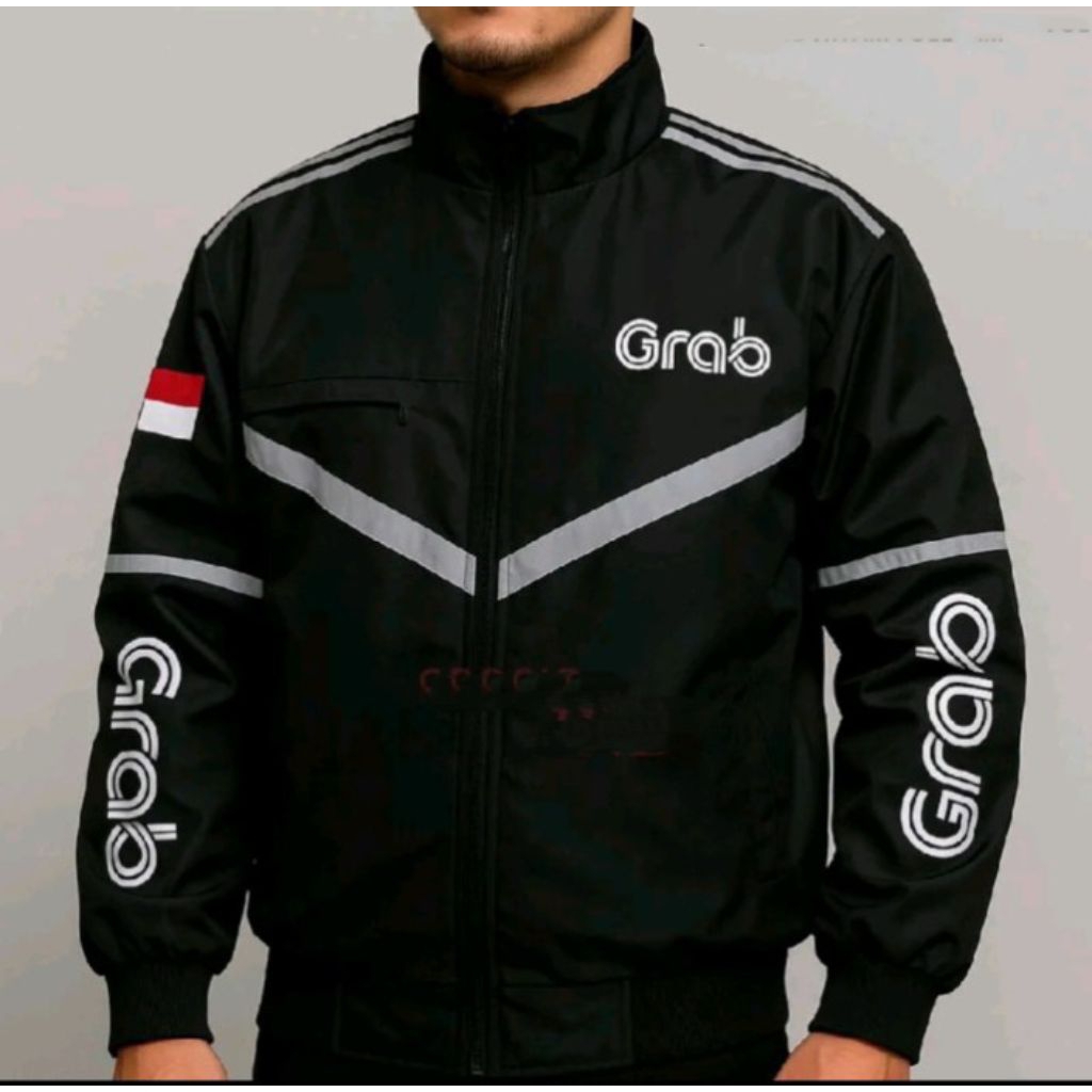 Jaket Grab Bomber Hitam waterproof pria wanita / Jaket Ojol Taslan bordir