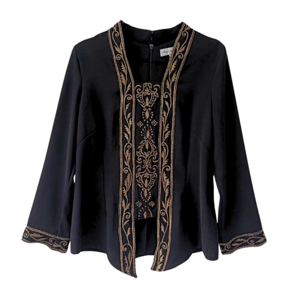 Lyne Halim – Black Gold Embroidered Kutubaru Blouse, Kebaya Kutubaru Bordir, BLO-3406