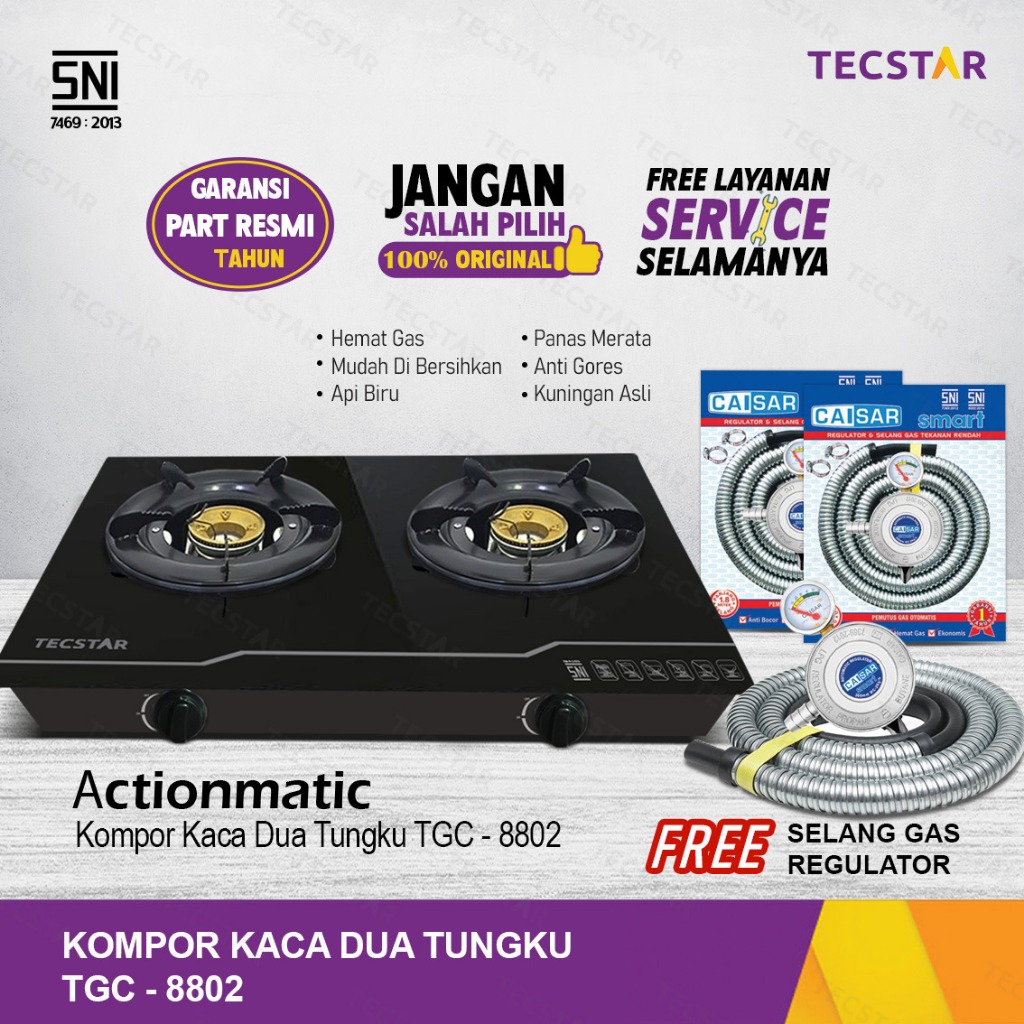 TECSTAR Kompor Gas Kaca 2 Tungku TGC-8802 Actionmatic SNI Free Selang Regulator Hemat Gas Optimax